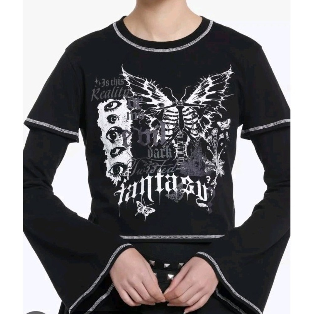 Social Collision Y2K Fairy Grunge Goth Butterfly Bell Sleeve Crop Top Black L